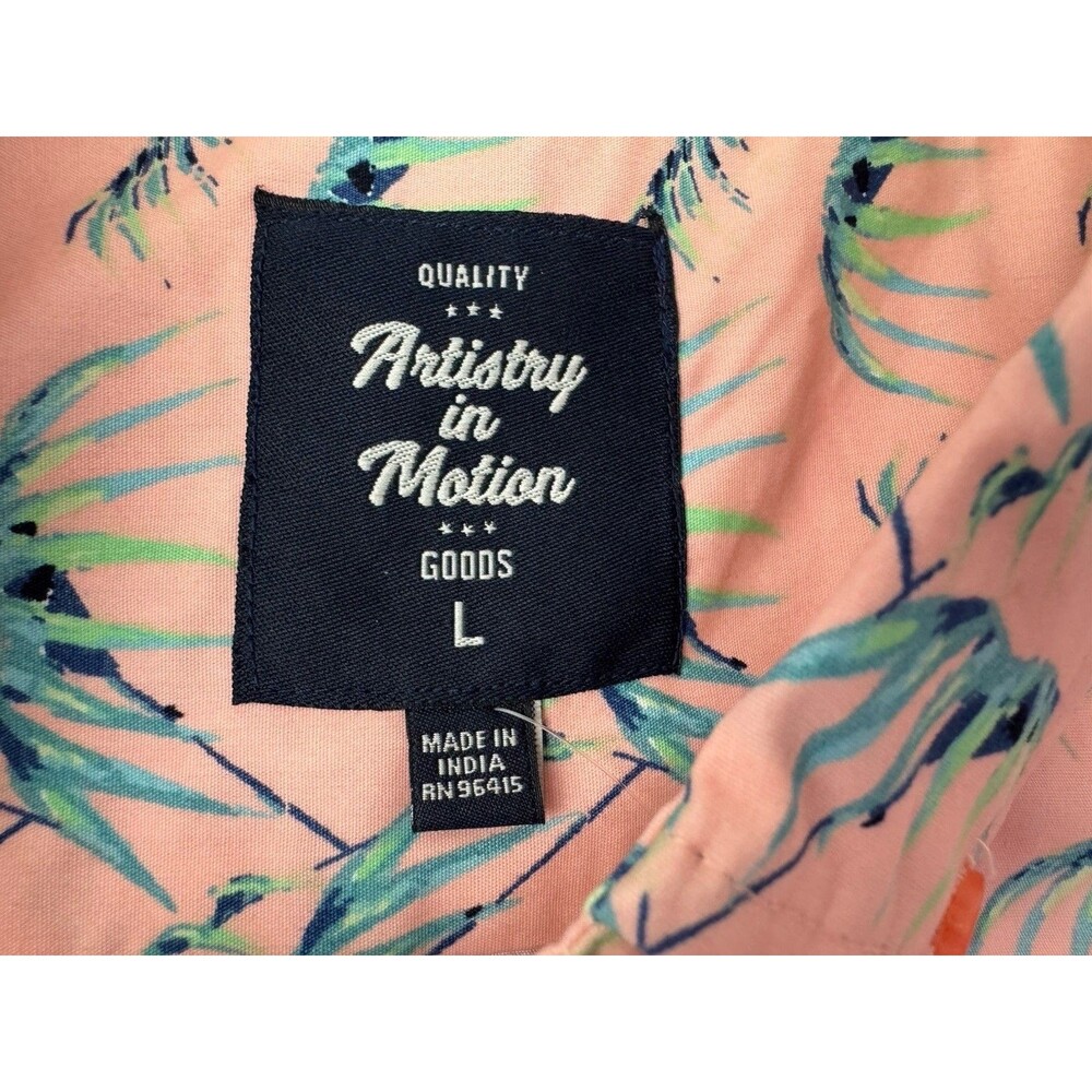 Artistry In Motion Size L Men Short Sleeve Shirt Pink Palm Trees Slim Fit Button - Picture 3 of 5
